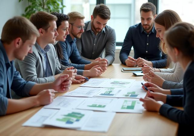 Team reviewing certification documentation in a modern conference room